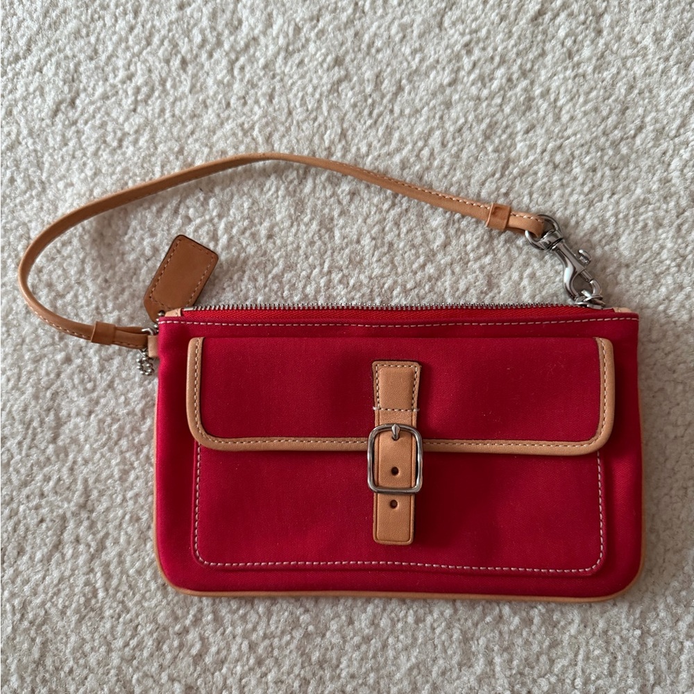 Coach Y2K Red Canvas Wristlet with Tan Trim